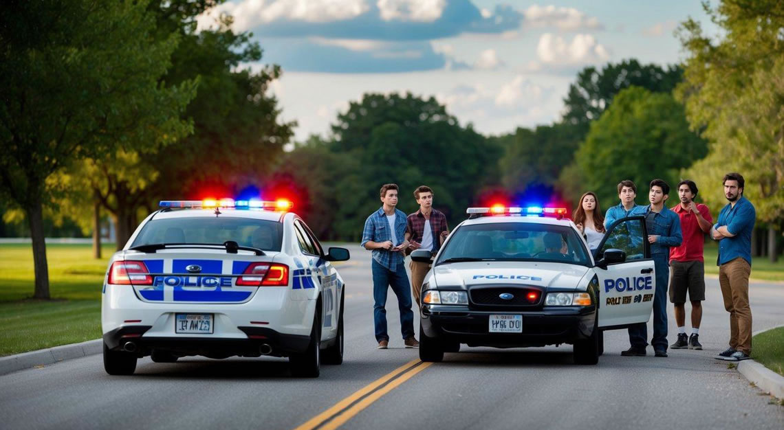 A police car pulling over a car with a young driver, while a group of friends watch from a distance with worried expressions