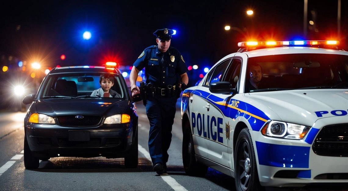 A police car pulling over a car with a young driver at night. Flashing lights illuminate the scene as the officer approaches the vehicle