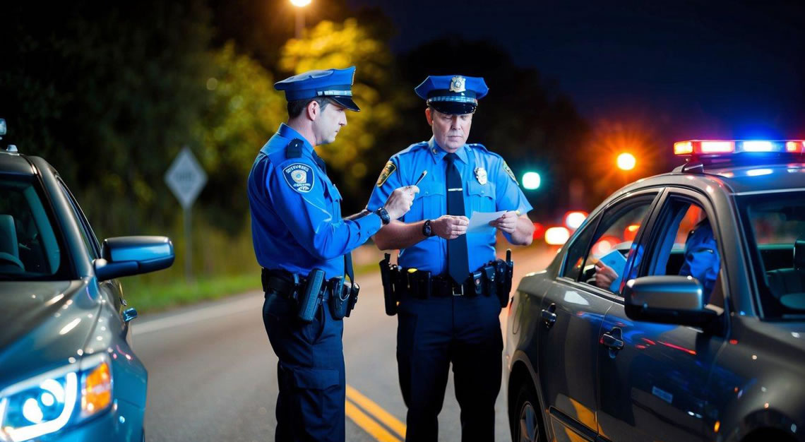 A police officer stopping a car with a young driver, conducting a field sobriety test on the side of the road at night