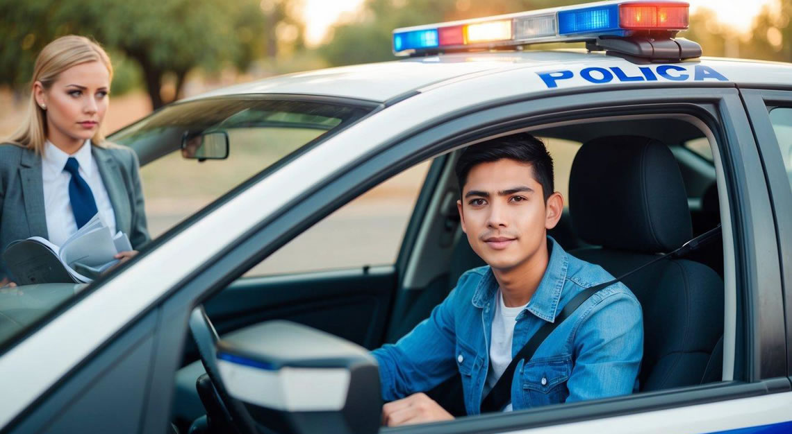 A young driver in Arizona sits in a police car while a lawyer stands nearby, discussing legal options for an underage DUI case